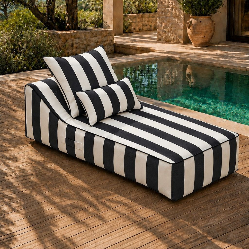 Vezan Black Striped Outdoor Chaise with Black Piping