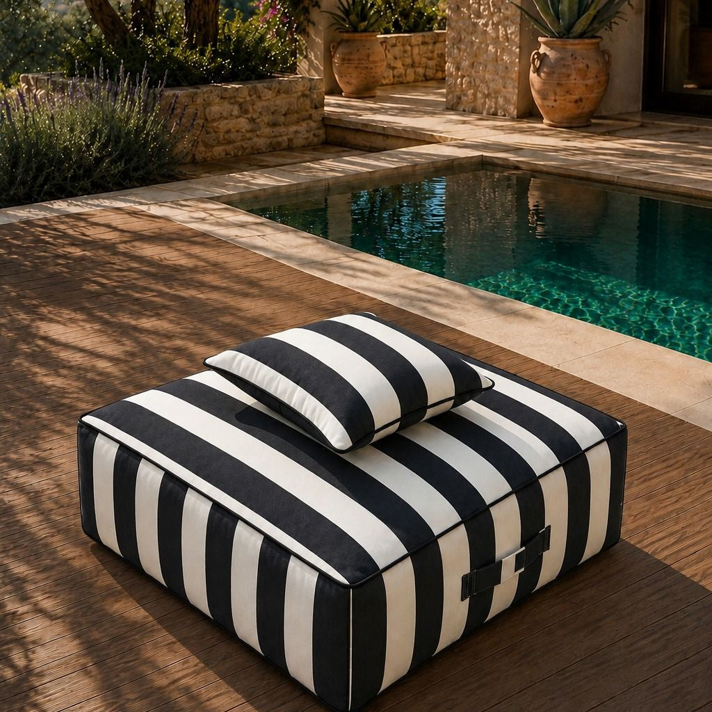 Vezan Black Striped Outdoor Ottoman with Black Piping