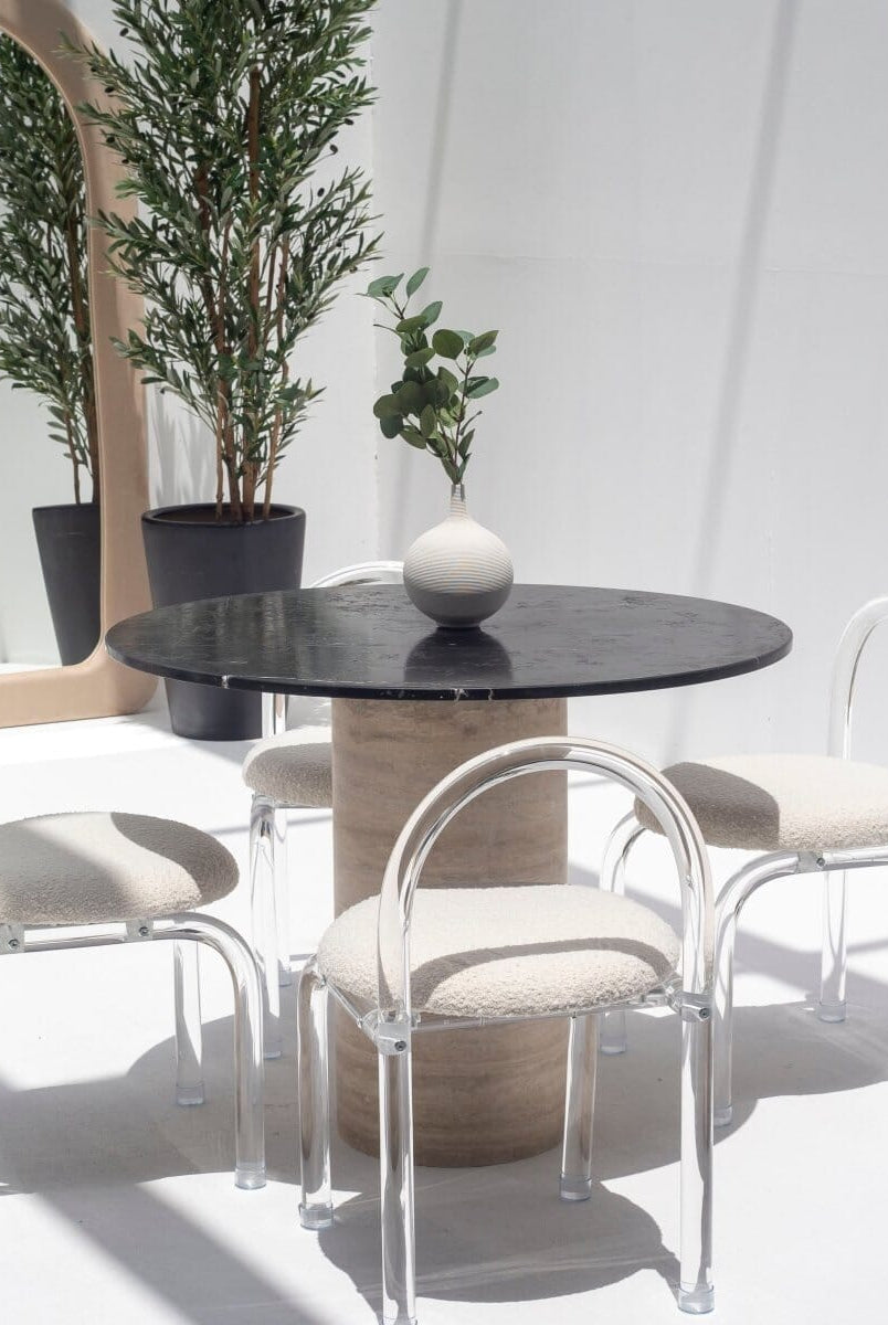 Cynthia Black Marquina Marble Dining Table with Travertine Base (2 Sizes)