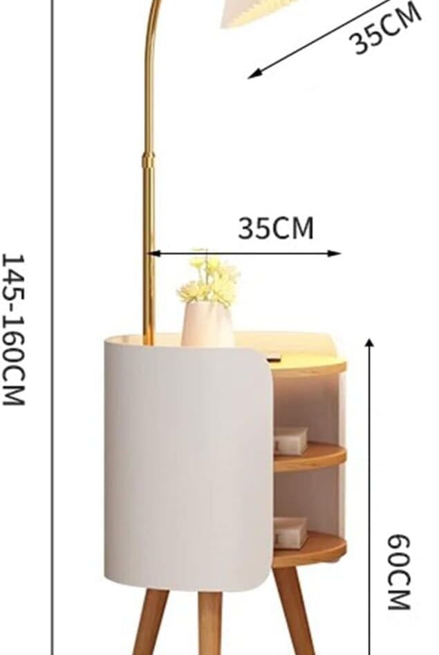 Wood, White, and Gold Floor Lamp With Shelve