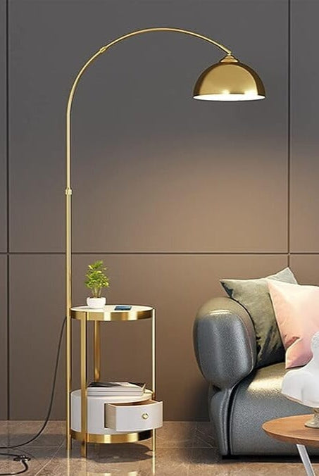 Gold and White Arched Floor Lamp With Side Table