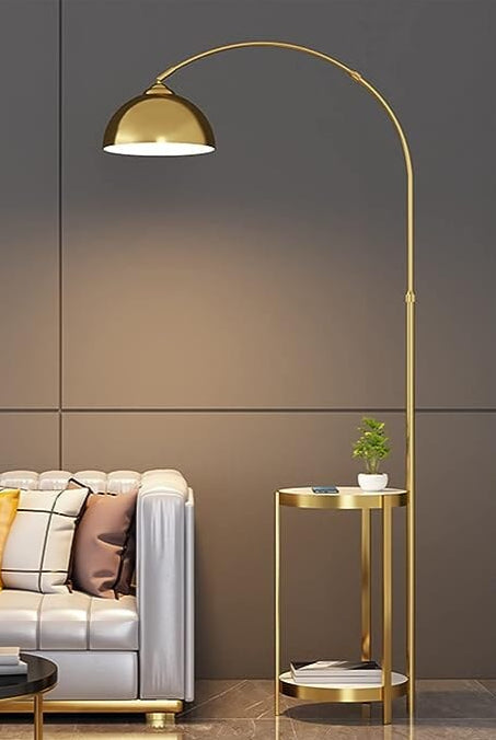 Gold and White Arched Floor Lamp With Side table