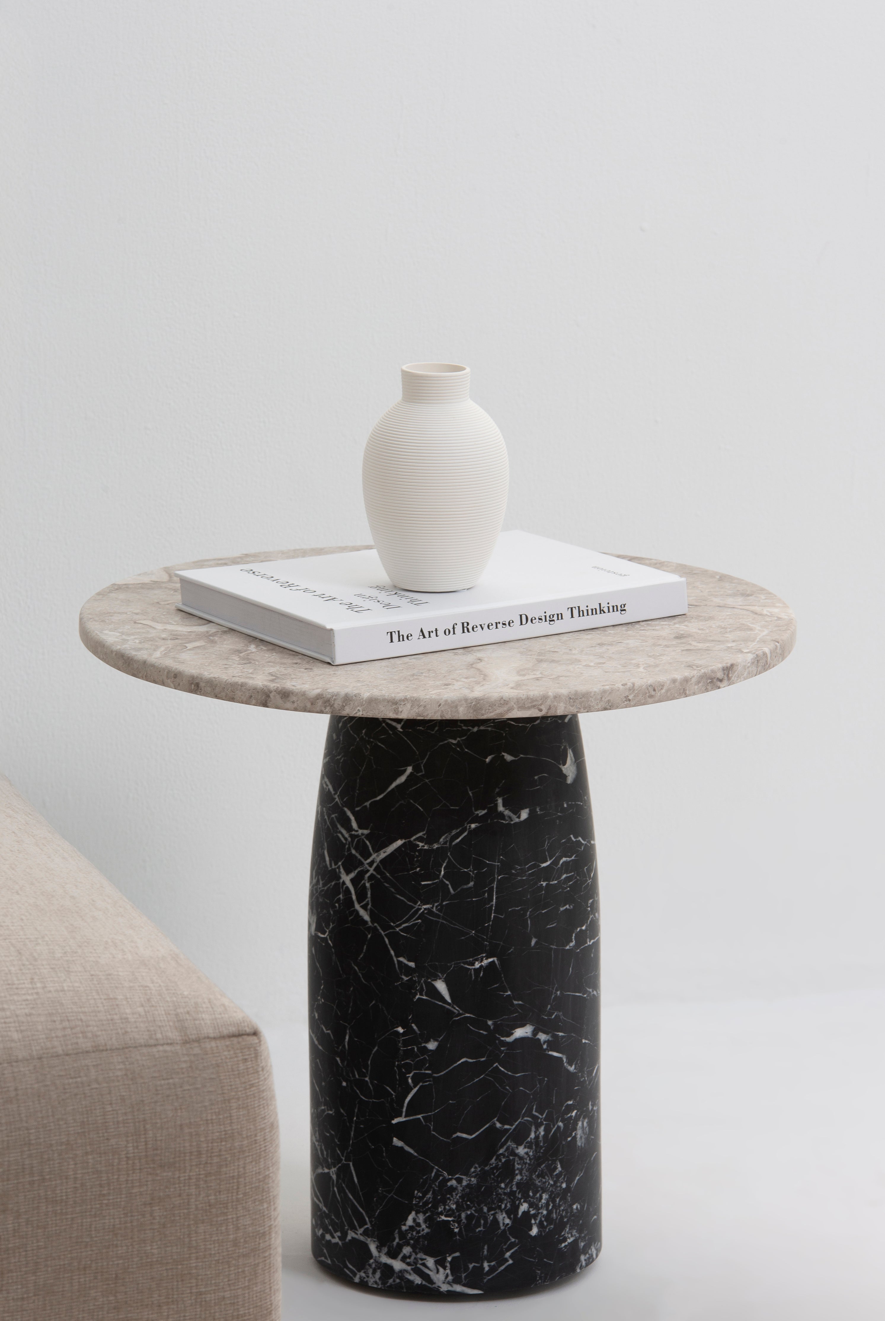 Alia Amazon Grey Marble Side Table With Black Marquina Base