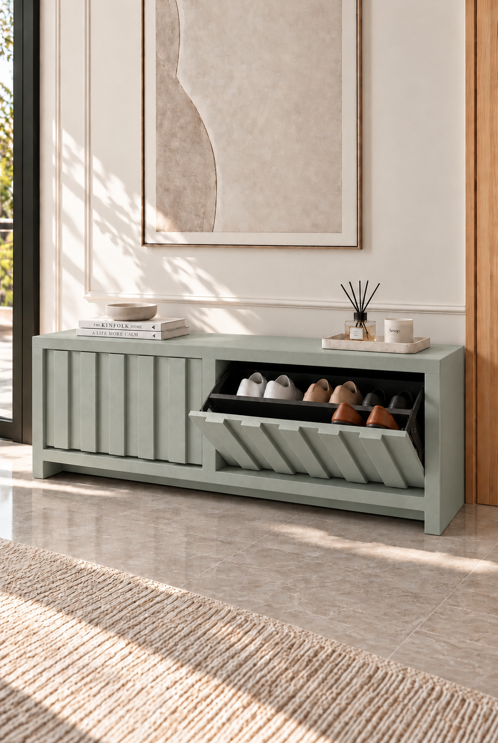 Arqen Pistachio Green Microconcrete Wide Fluted Shoe Cabinet