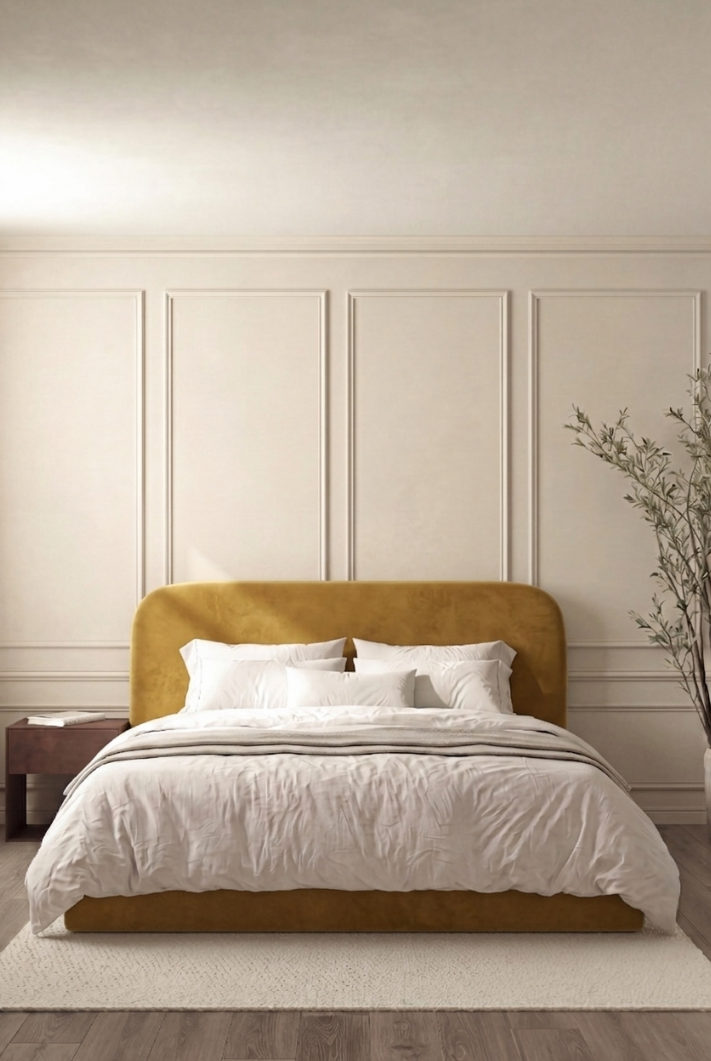 Asli Mustard Spice Fabric Bed with Rounded Corners Headboard