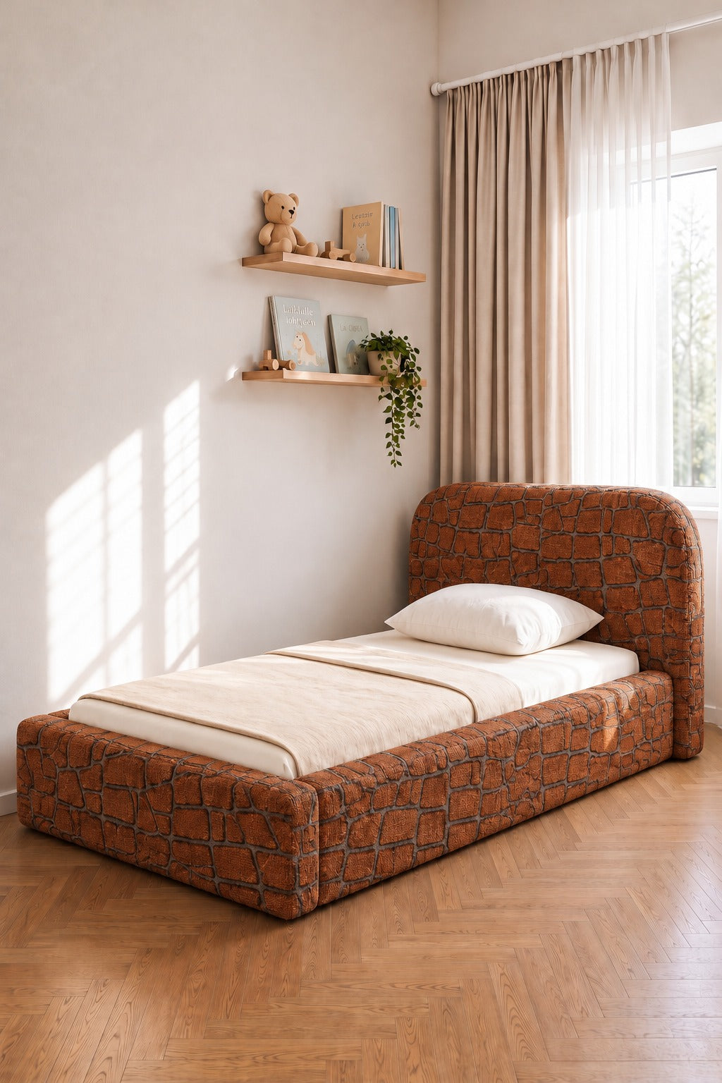 Asli Rust Cobblestone Patterned Fabric Single Bed with Rounded Corners Headboard