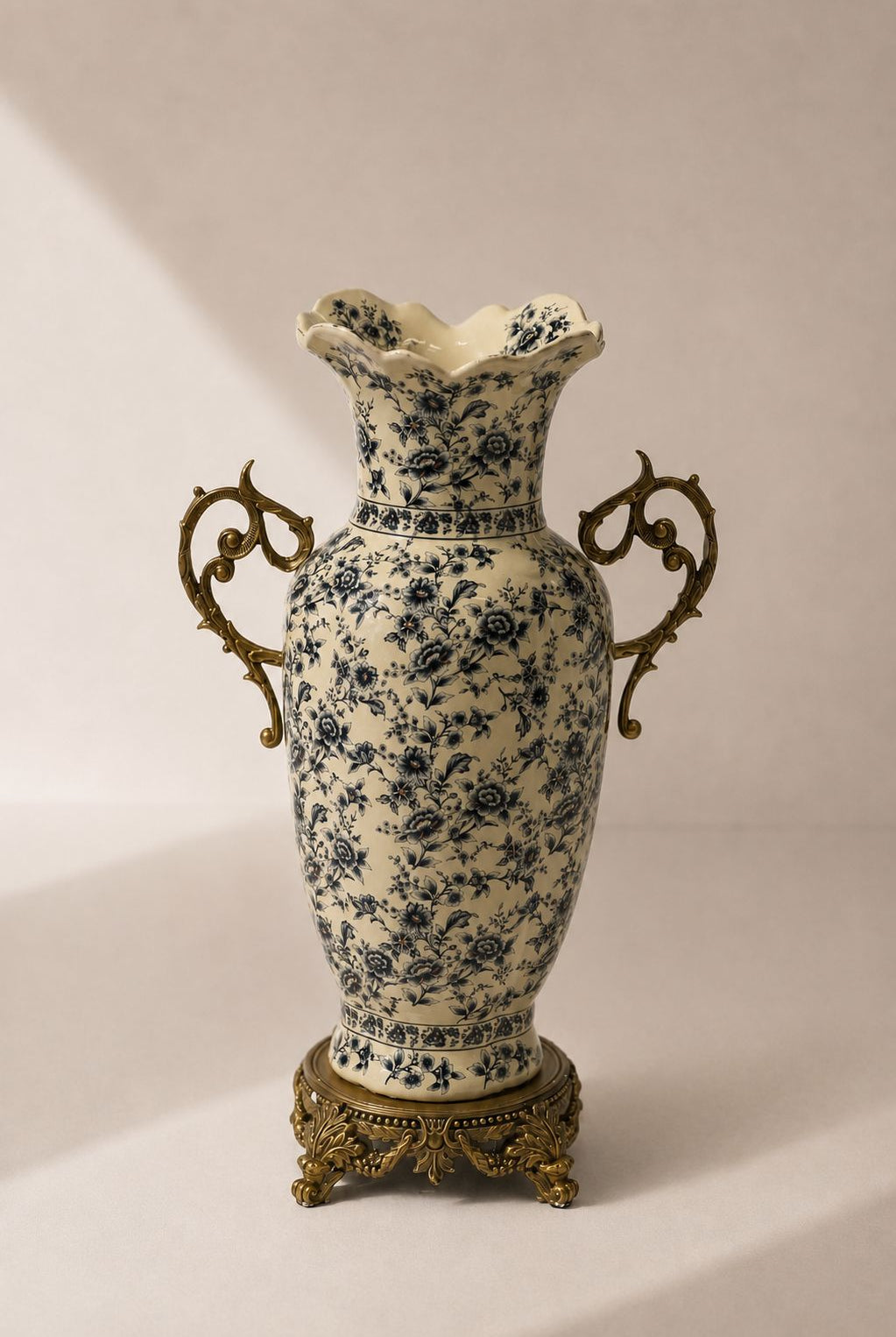 Azoria Cream Blue Floral Gold Handle Ceramic Vase