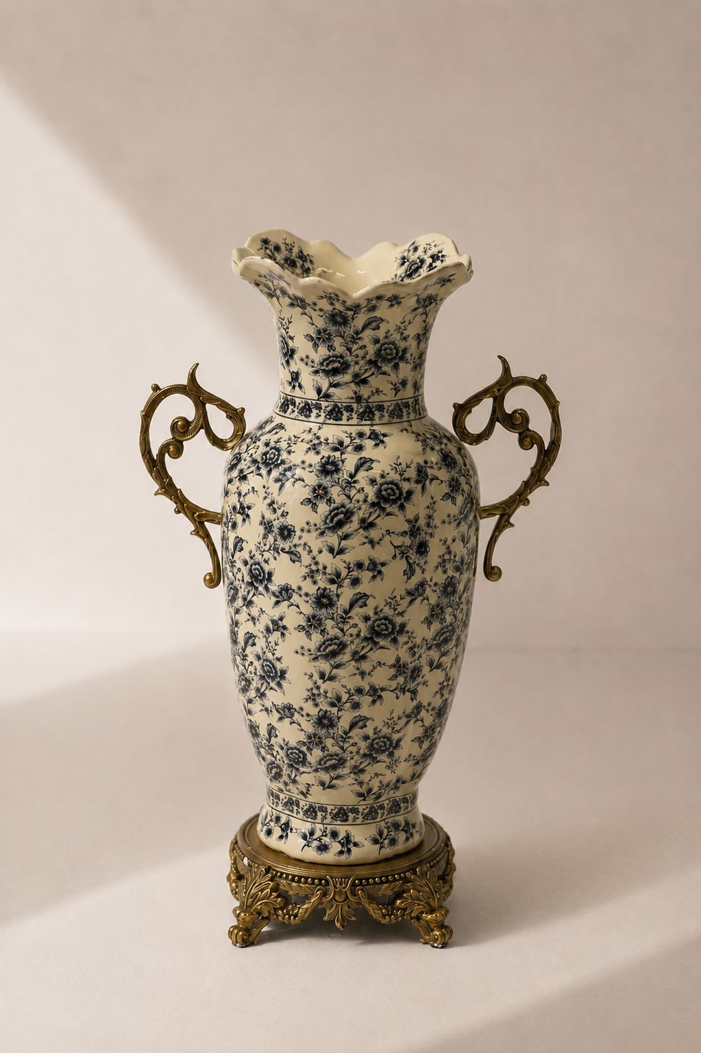 Azoria Cream Blue Floral Gold Handle Ceramic Vase