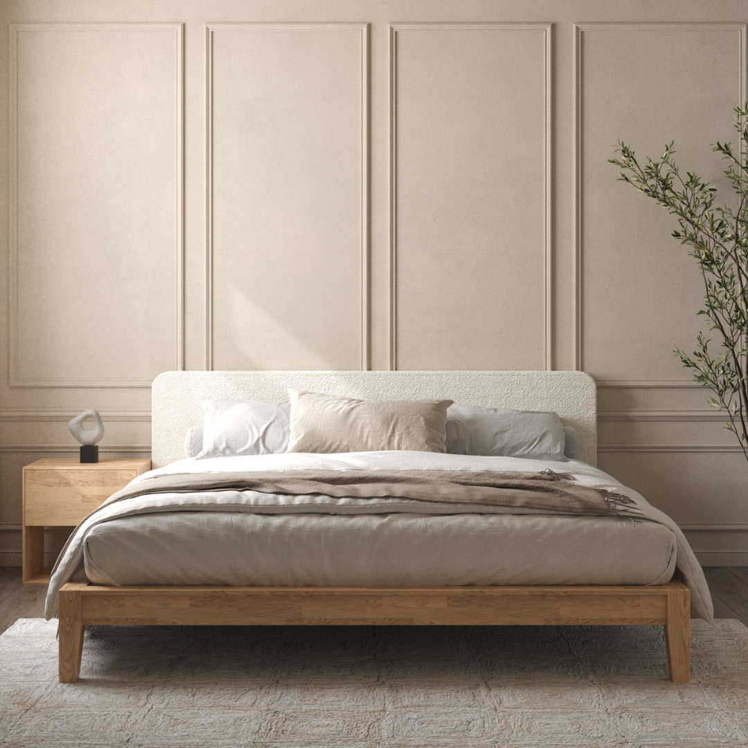 Hinata Japanese Joinery Boucle Light Wood Bed