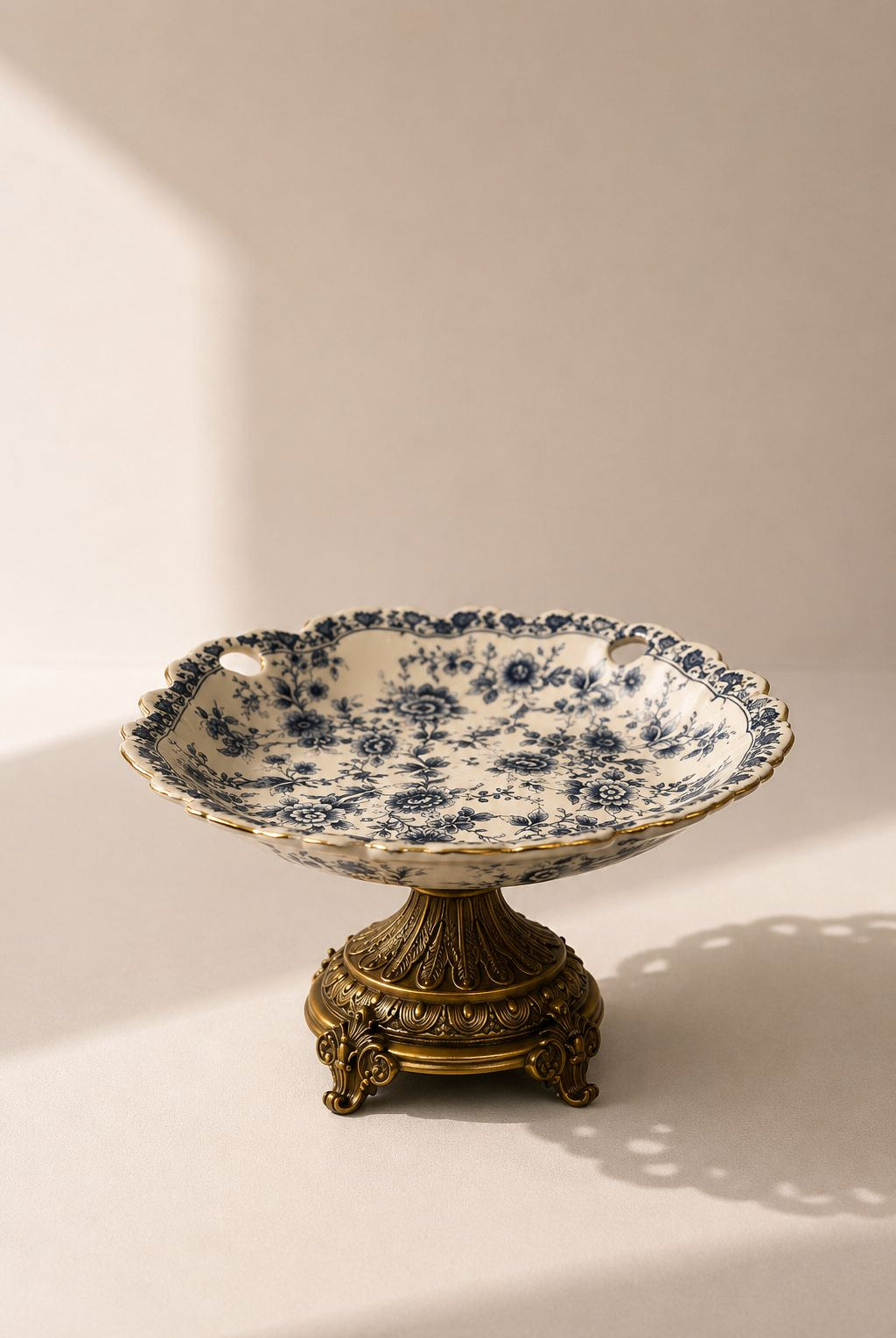 Belvio Cream Blue Floral Pedestal Bowl