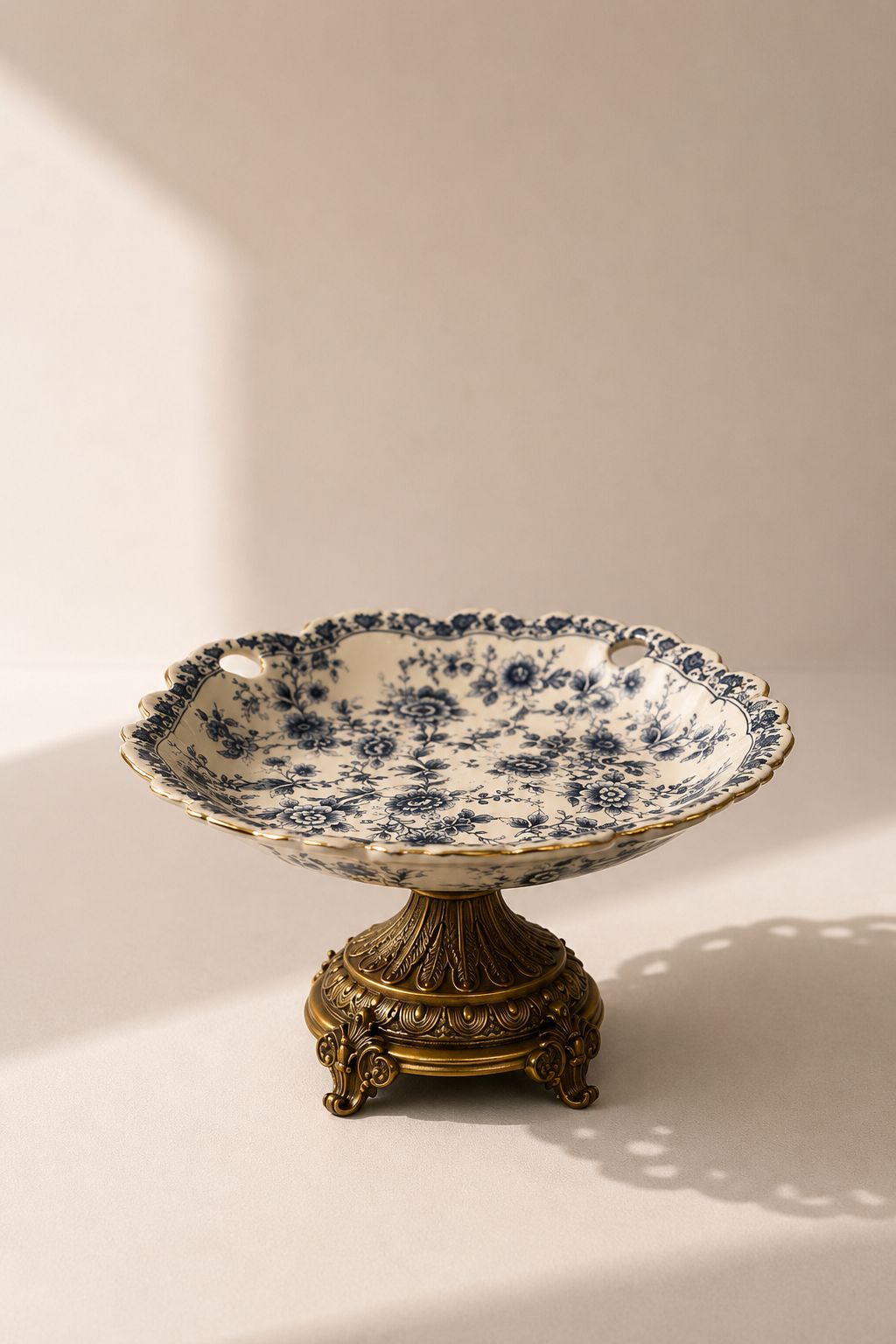 Belvio Cream Blue Floral Pedestal Bowl