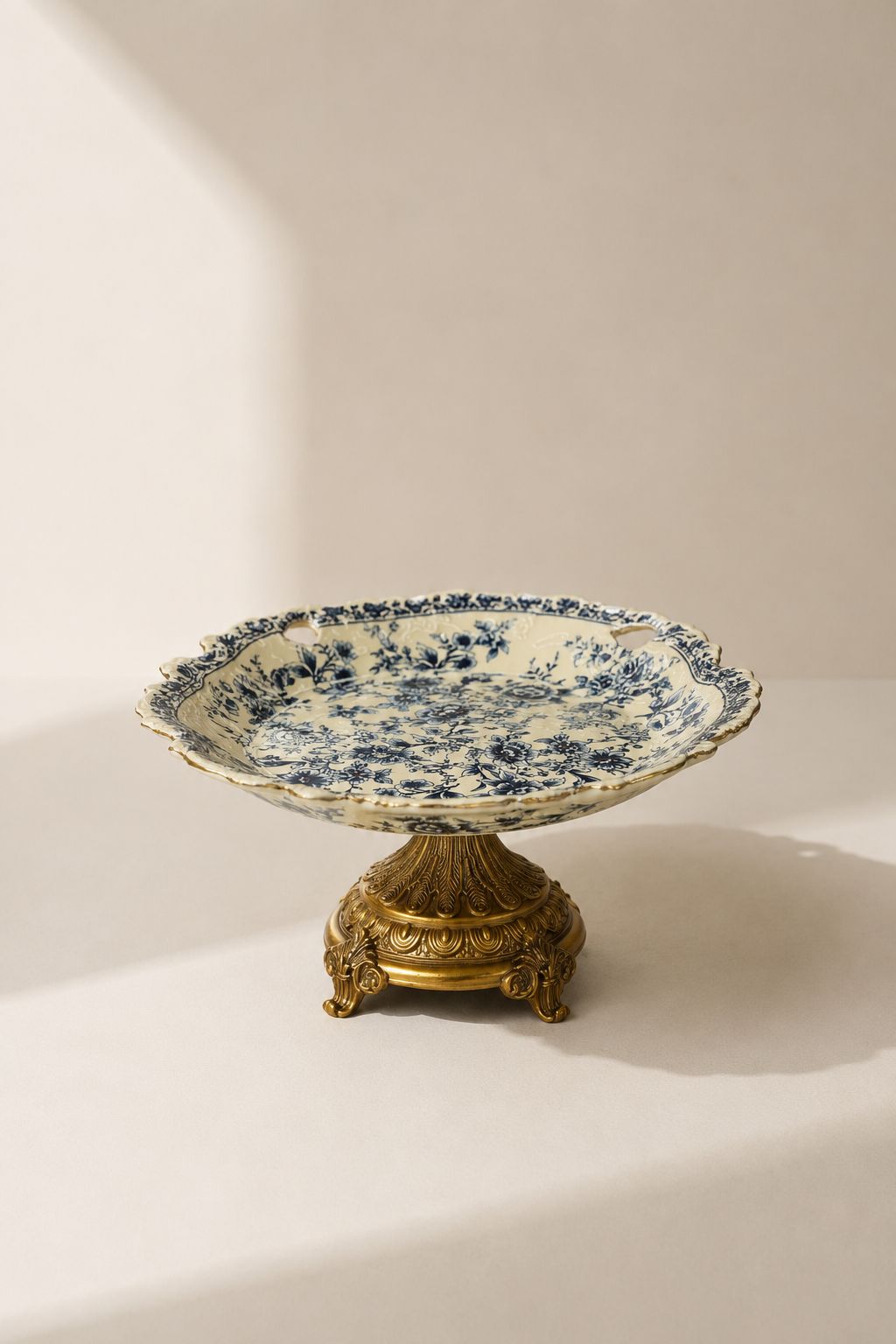 Belvio Cream Blue Floral Pedestal Bowl