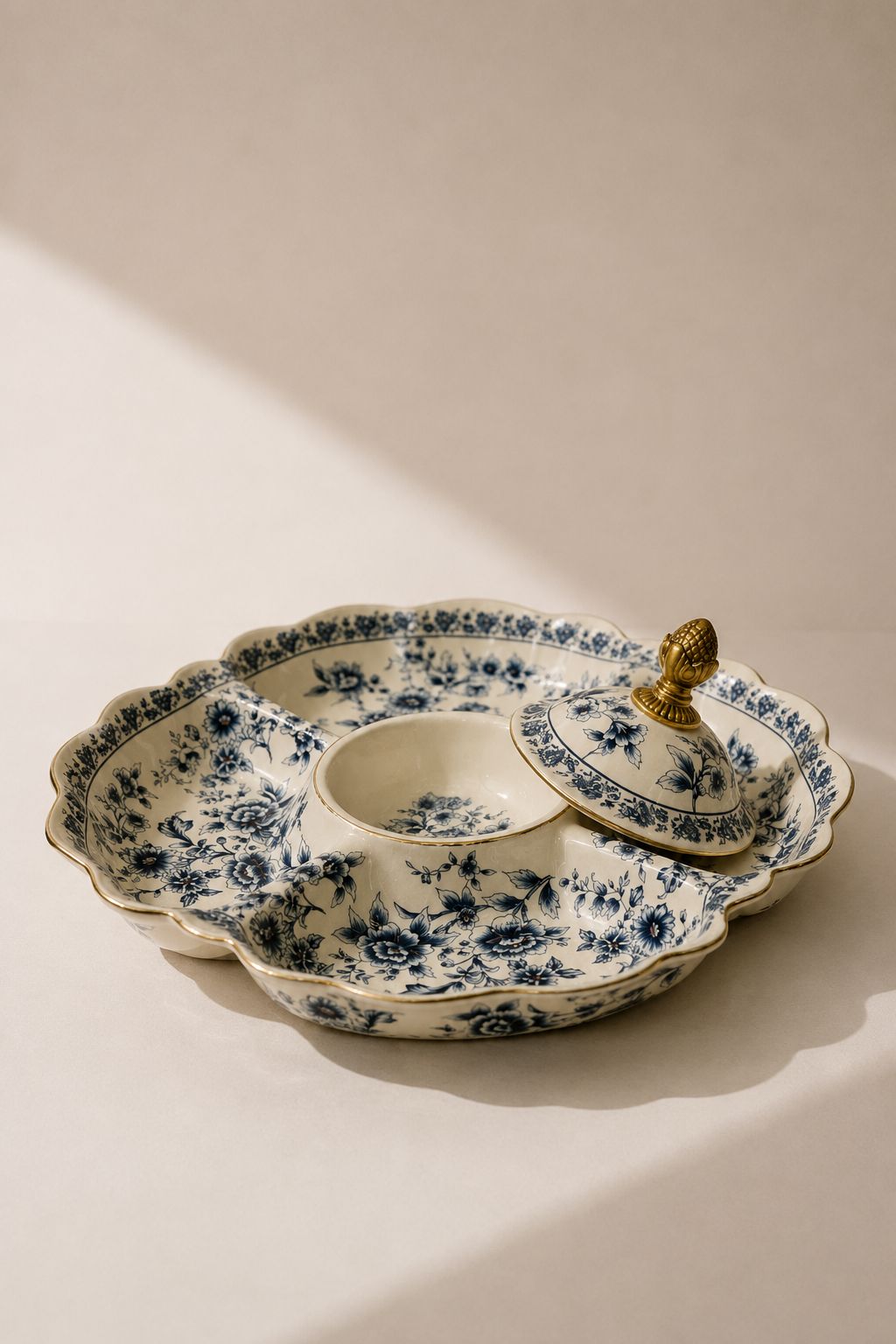 Delfia Cream Blue Floral Ceramic Divided Tray