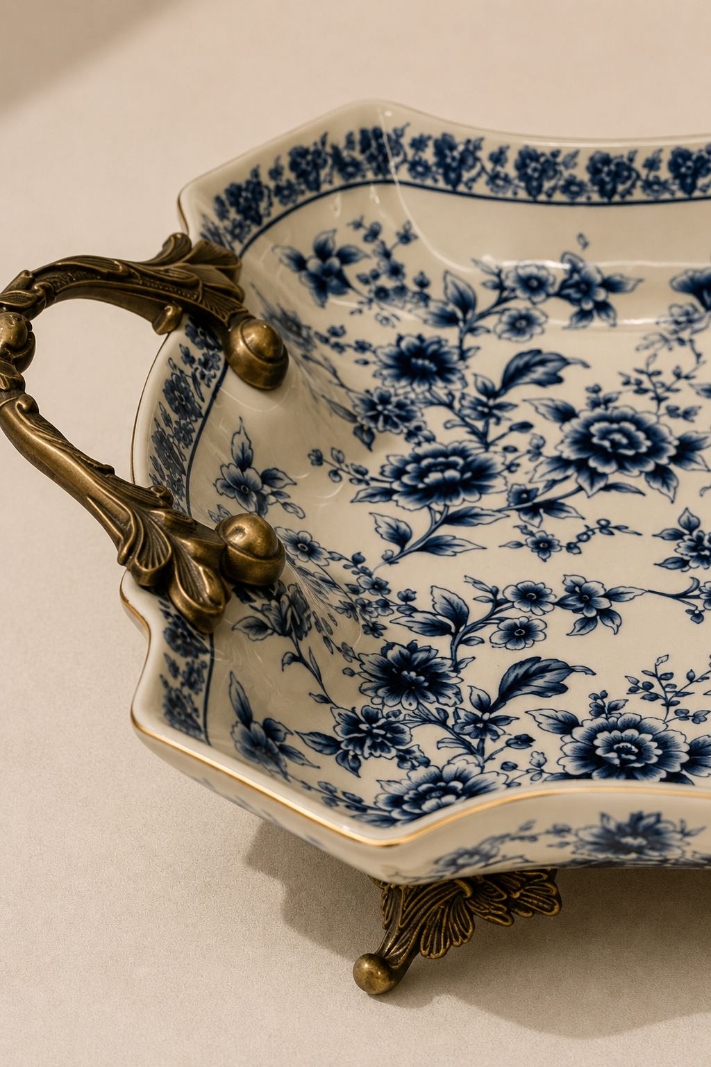 Elvyn Cream Blue Floral Ceramic Tray