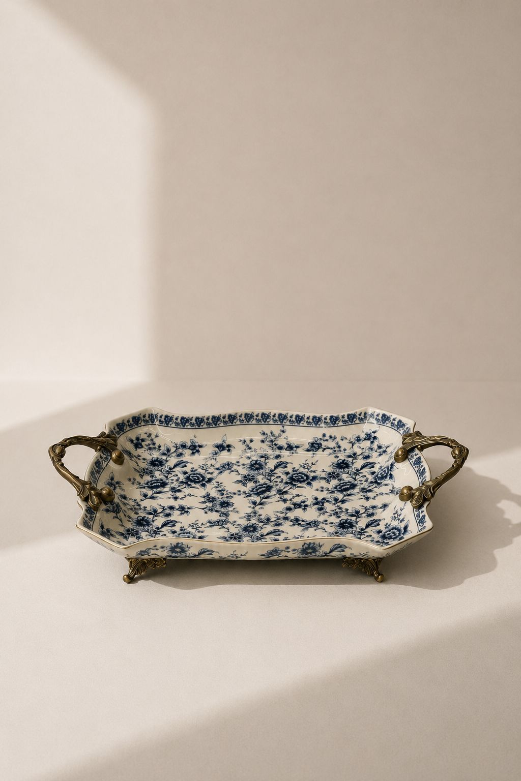 Elvyn Cream Blue Floral Ceramic Tray