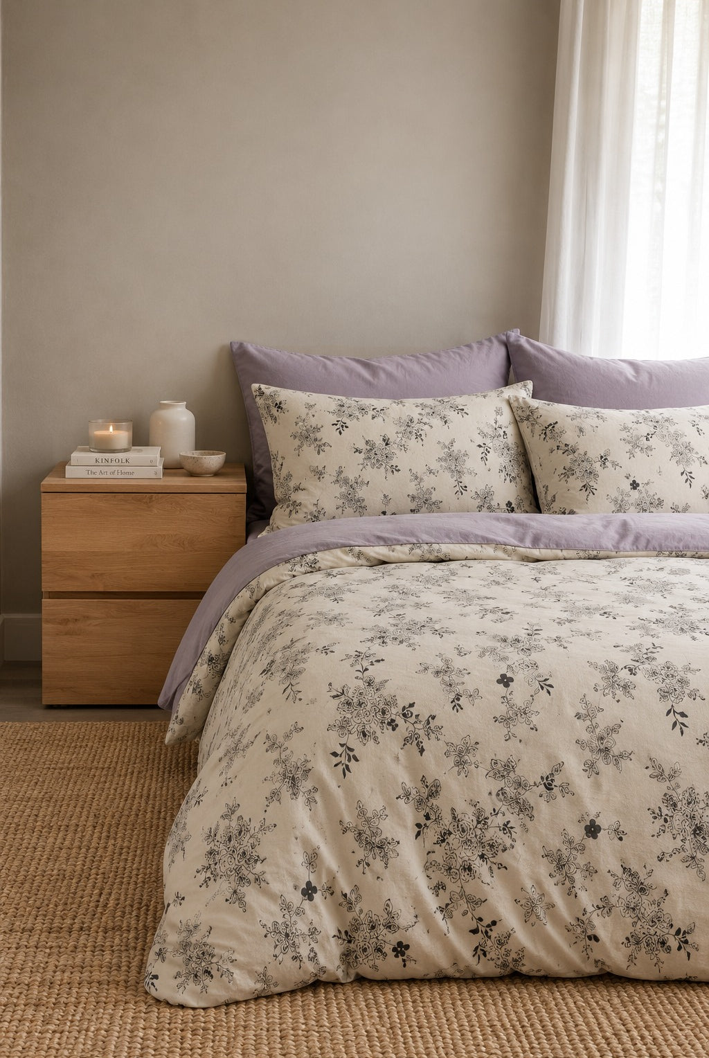 Elyven Ivory Lilac Floral King Bed Sheet, Duvet Cover & Pillowcase Set