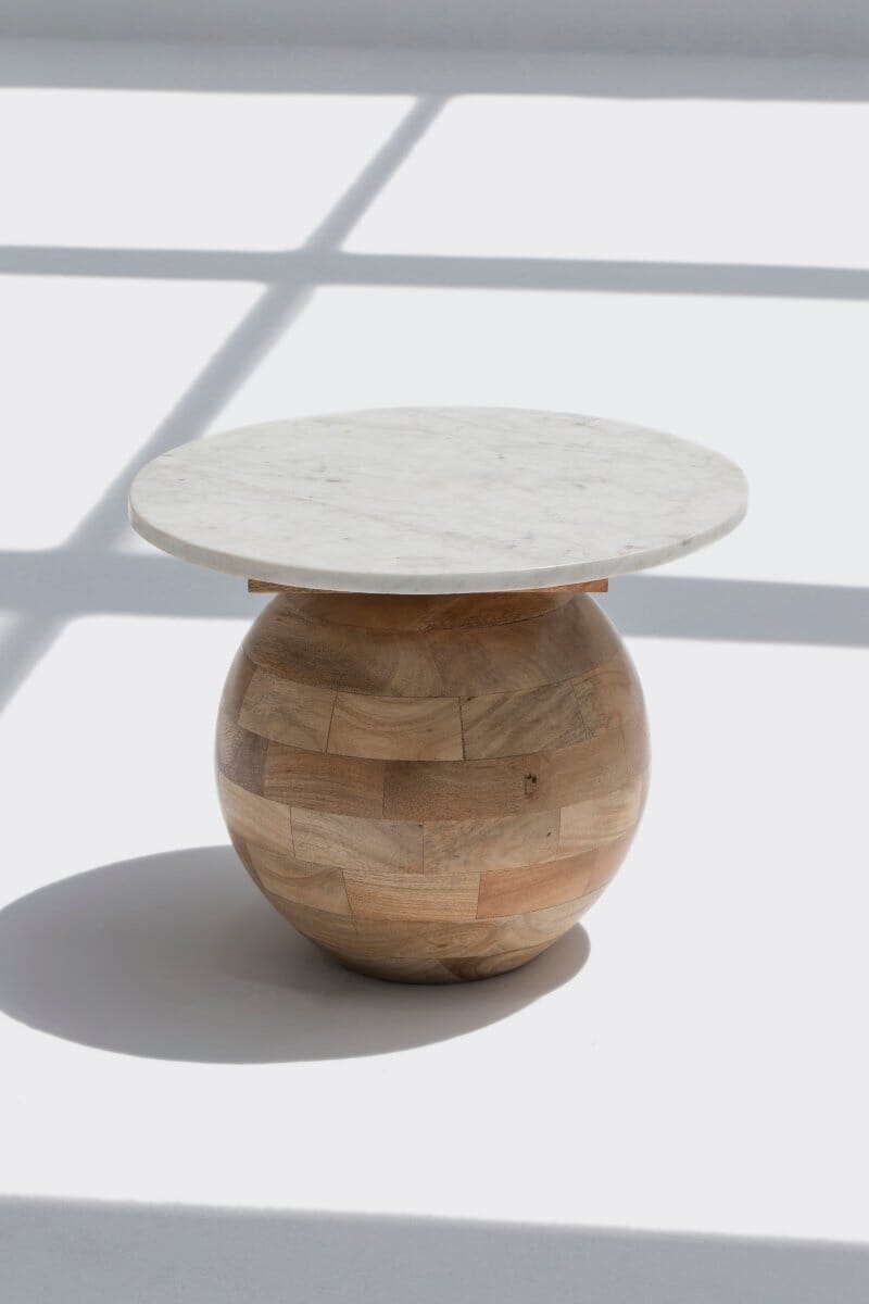 Brio Round Marble-Top Wooden Side Table