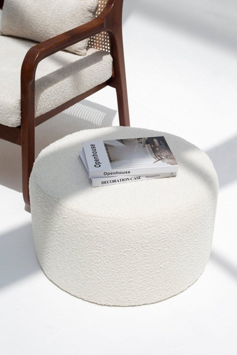 Large Boucle Off-White Round Pouf/Ottoman (60x33 CM)