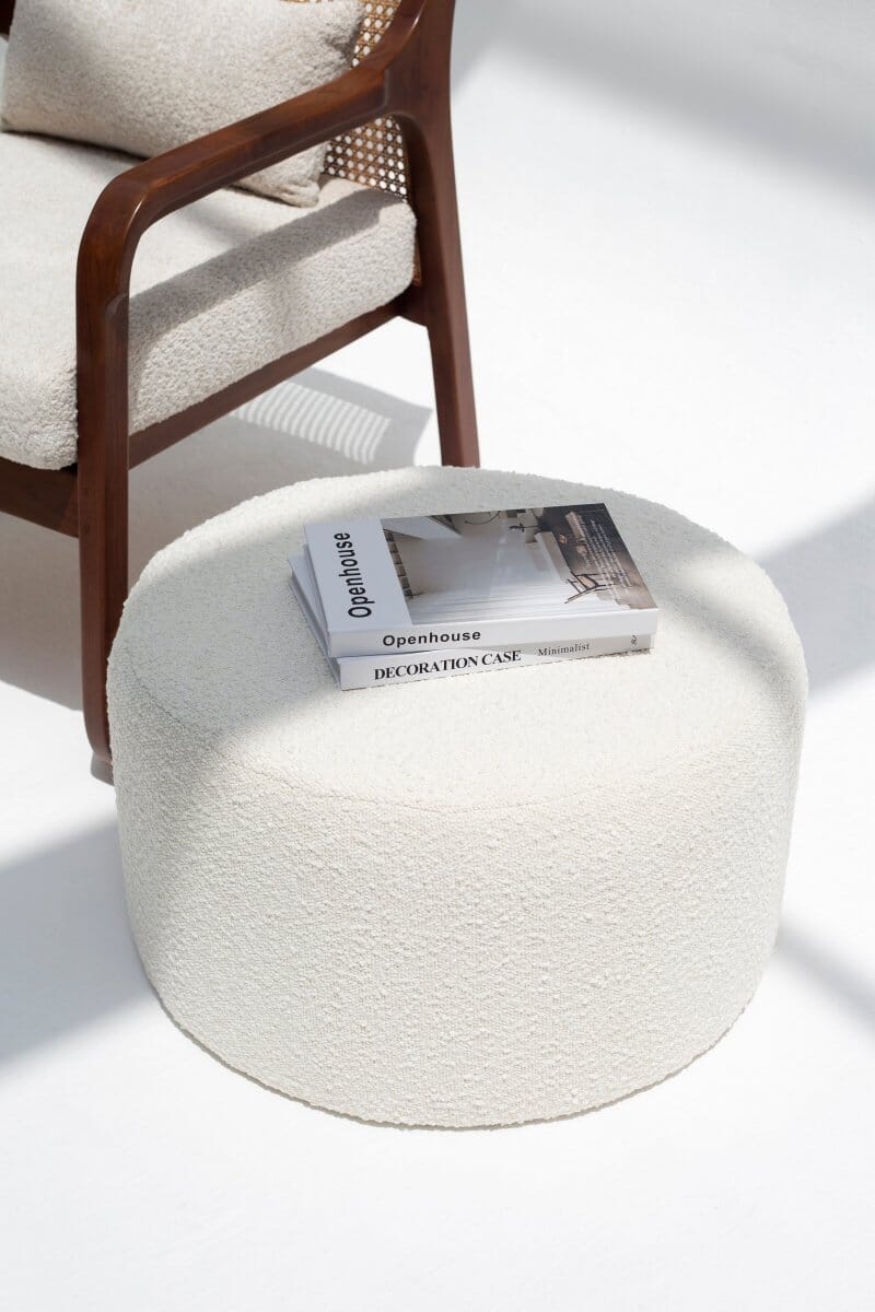 Large Boucle Off-White Round Pouf/Ottoman (60x33 CM)
