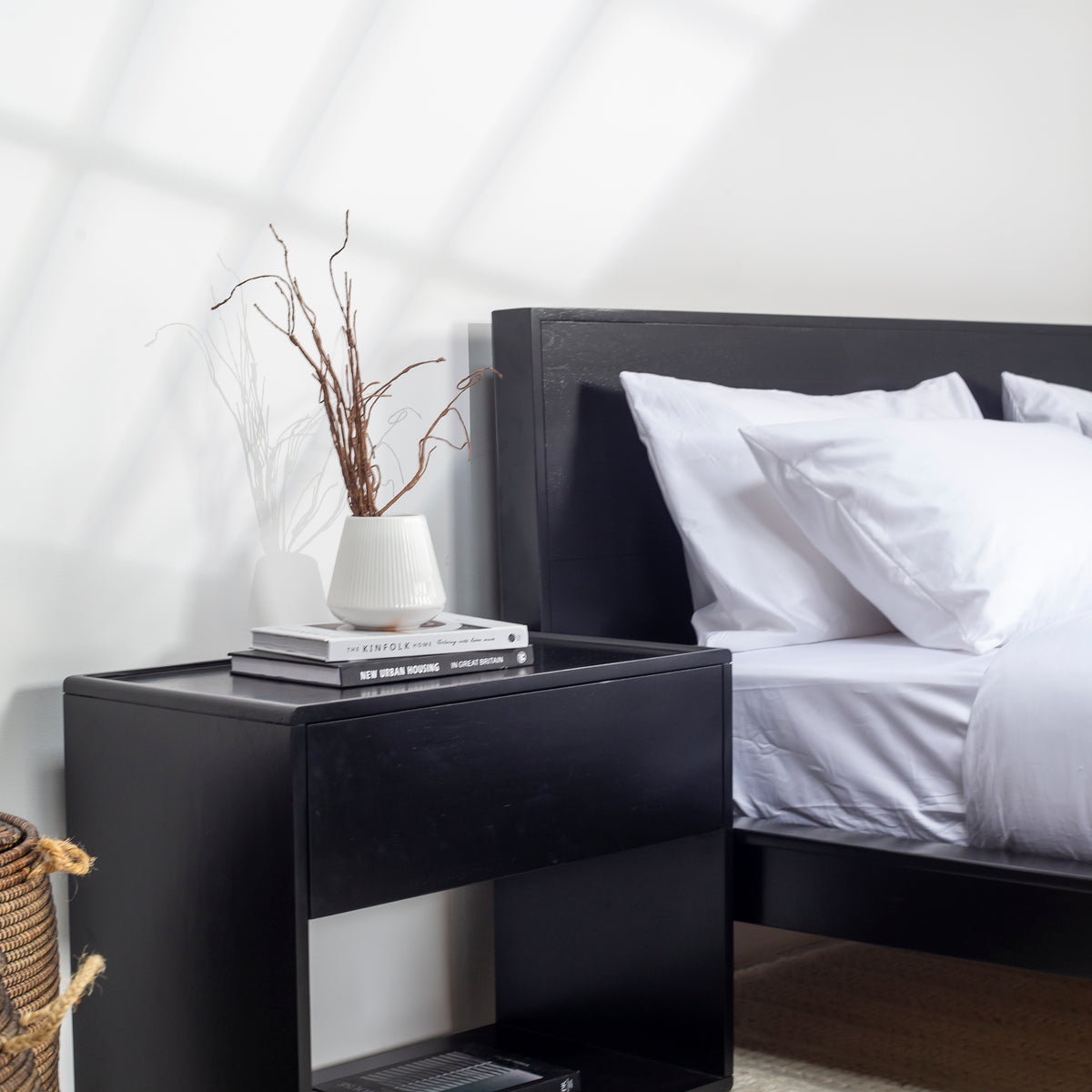 Reika Black Wood Bedside Table – Homekode