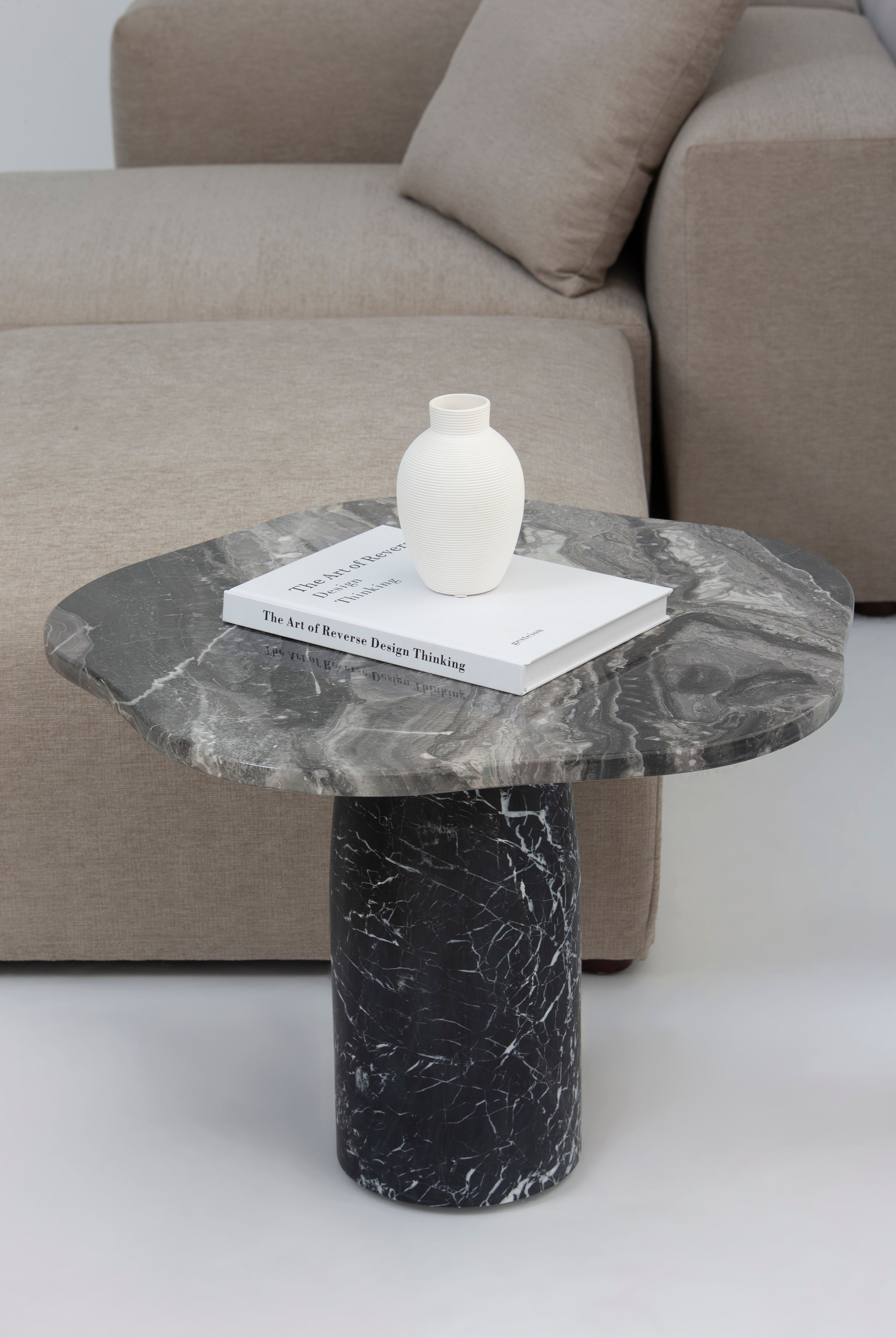 Nira Breccia Grey Side Table with Black Marquina Base