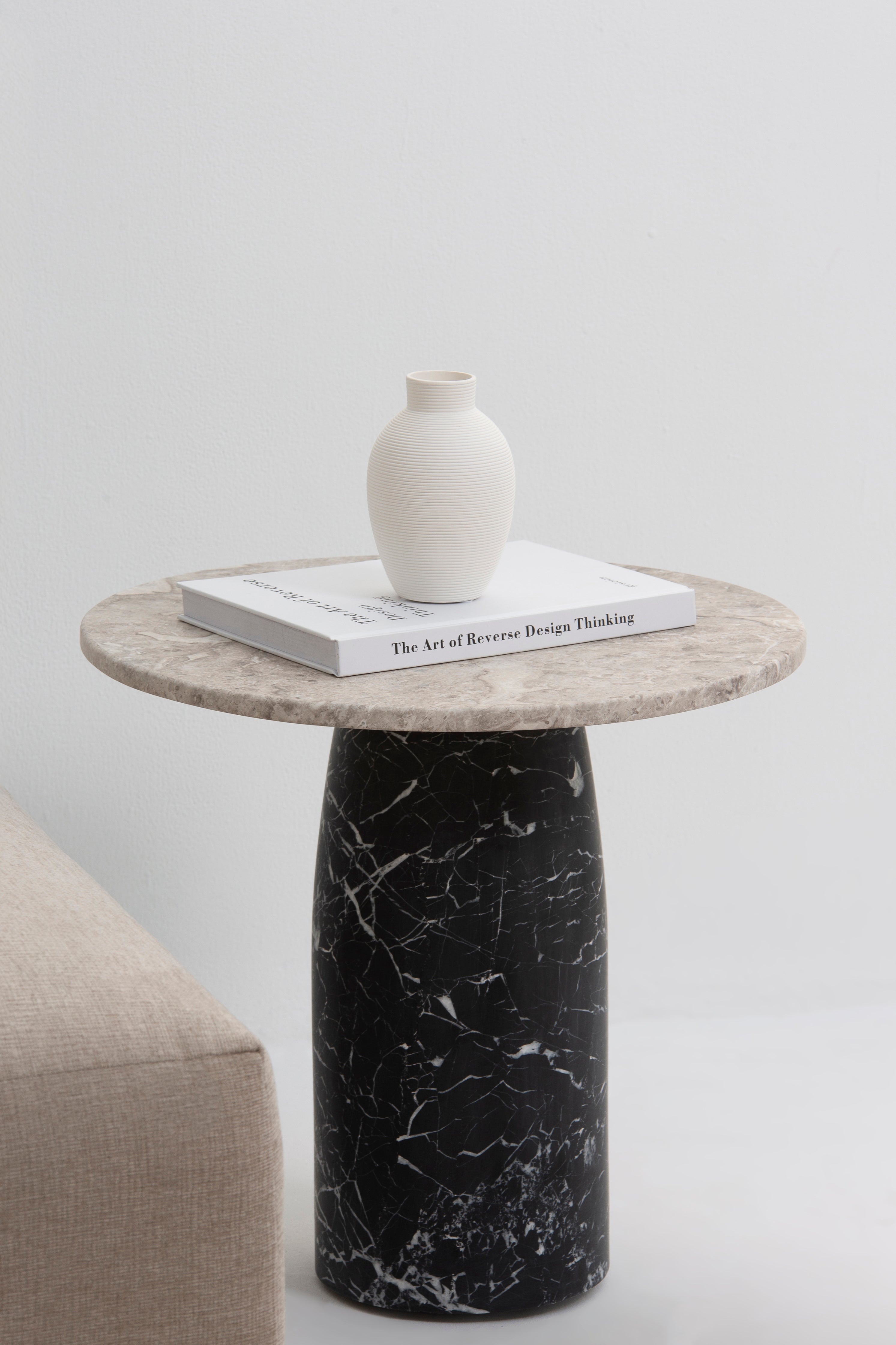 Alia Amazon Grey Marble Side Table With Black Marquina Base