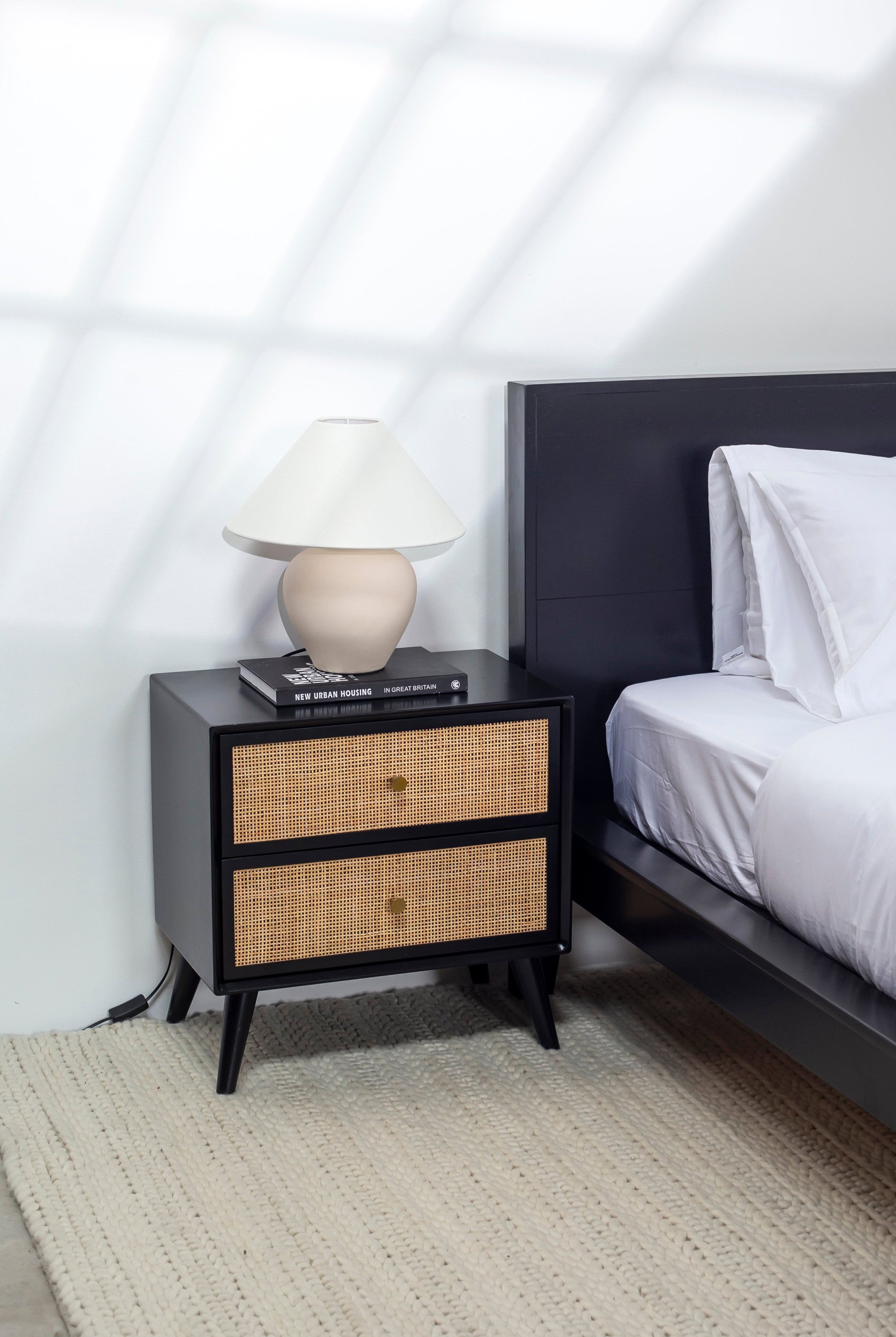 Rin Rattan Black Wood Bedside Table