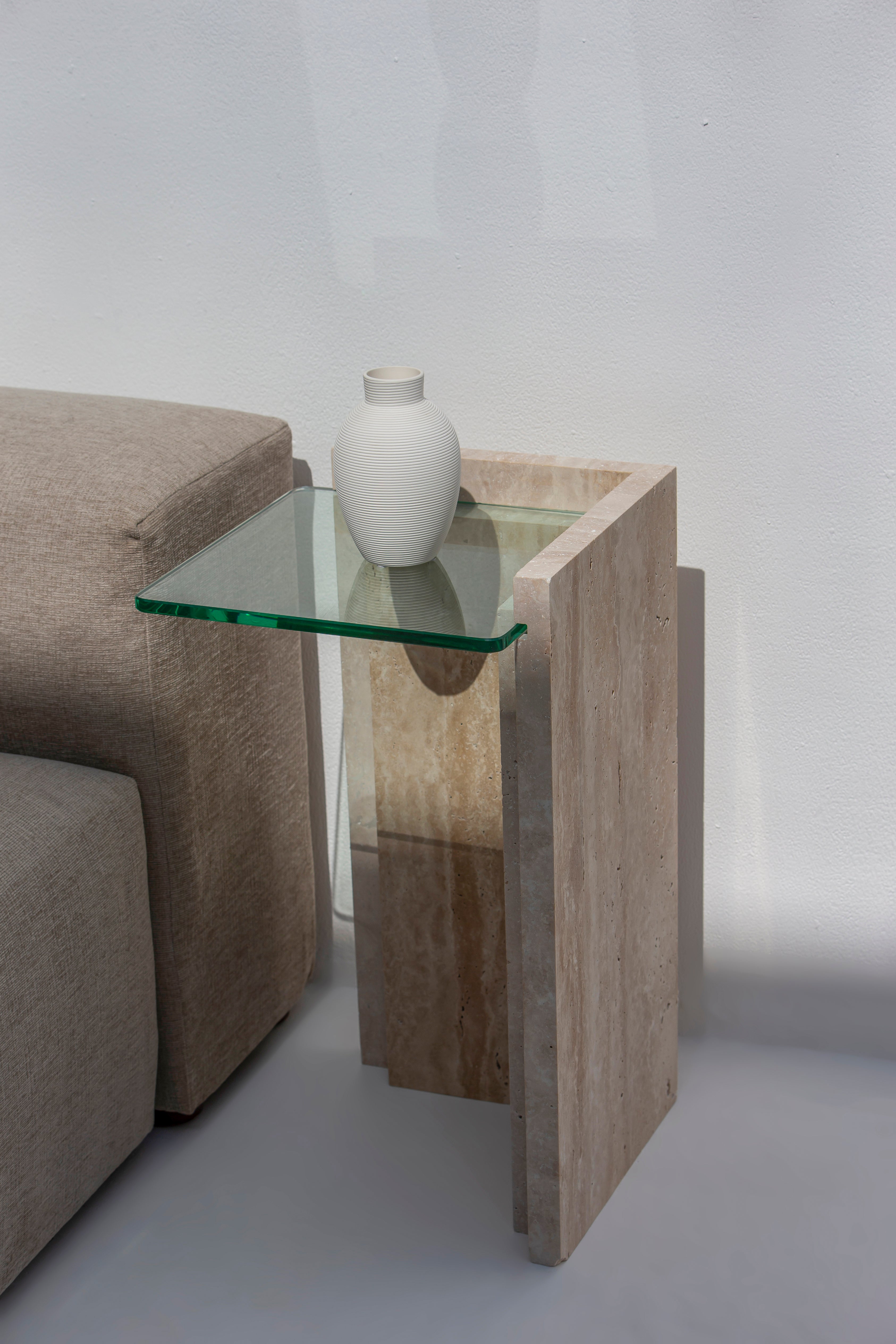 Anise Glass Top L-Shaped Travertine Side Table (2 Sizes)