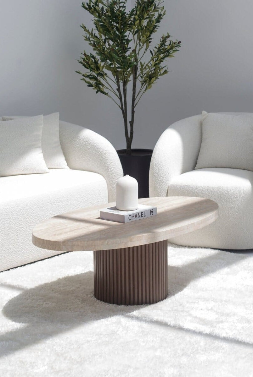 Melina Oval Travertine Coffee Table (4 Base Colors) Brown