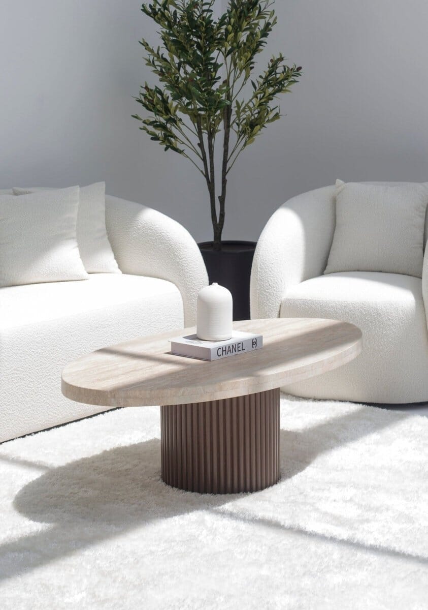 Melina Oval Travertine Coffee Table (4 Base Colors) Brown