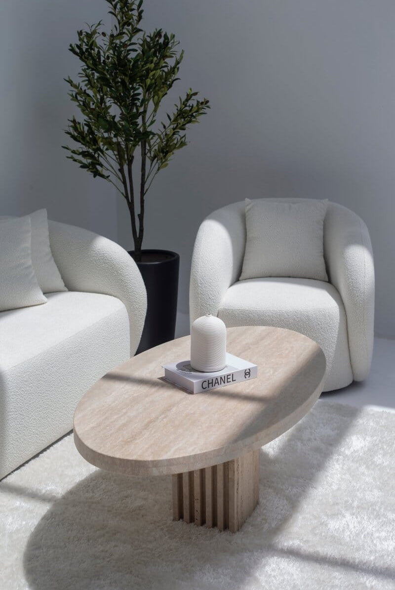 Melina Oval Travertine Coffee Table With Travertine Slat Base