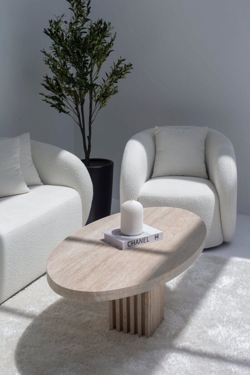 Melina Oval Travertine Coffee Table With Travertine Slat Base