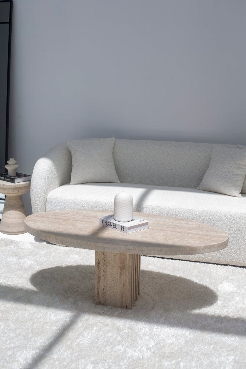 Philomena Oval Travertine Coffee Table With Travertine Slat Base