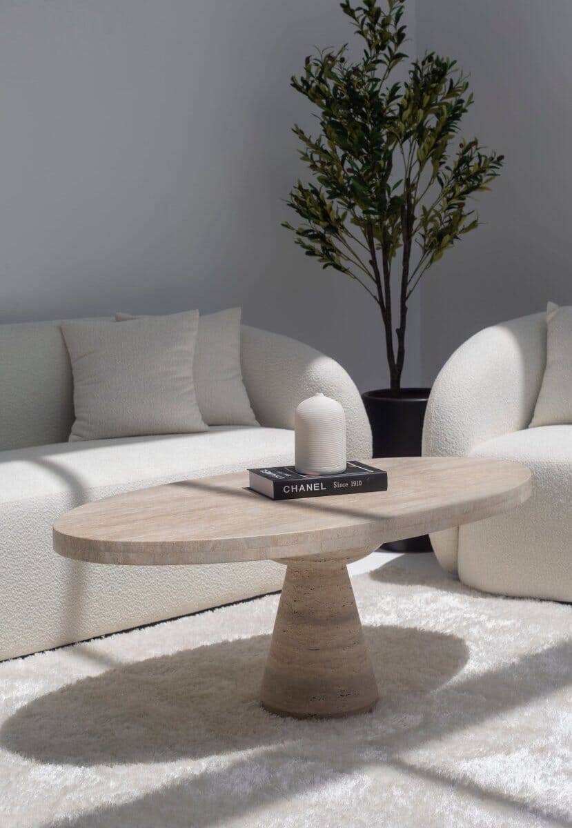 Melina Oval Travertine Coffee Table With Travertine Base