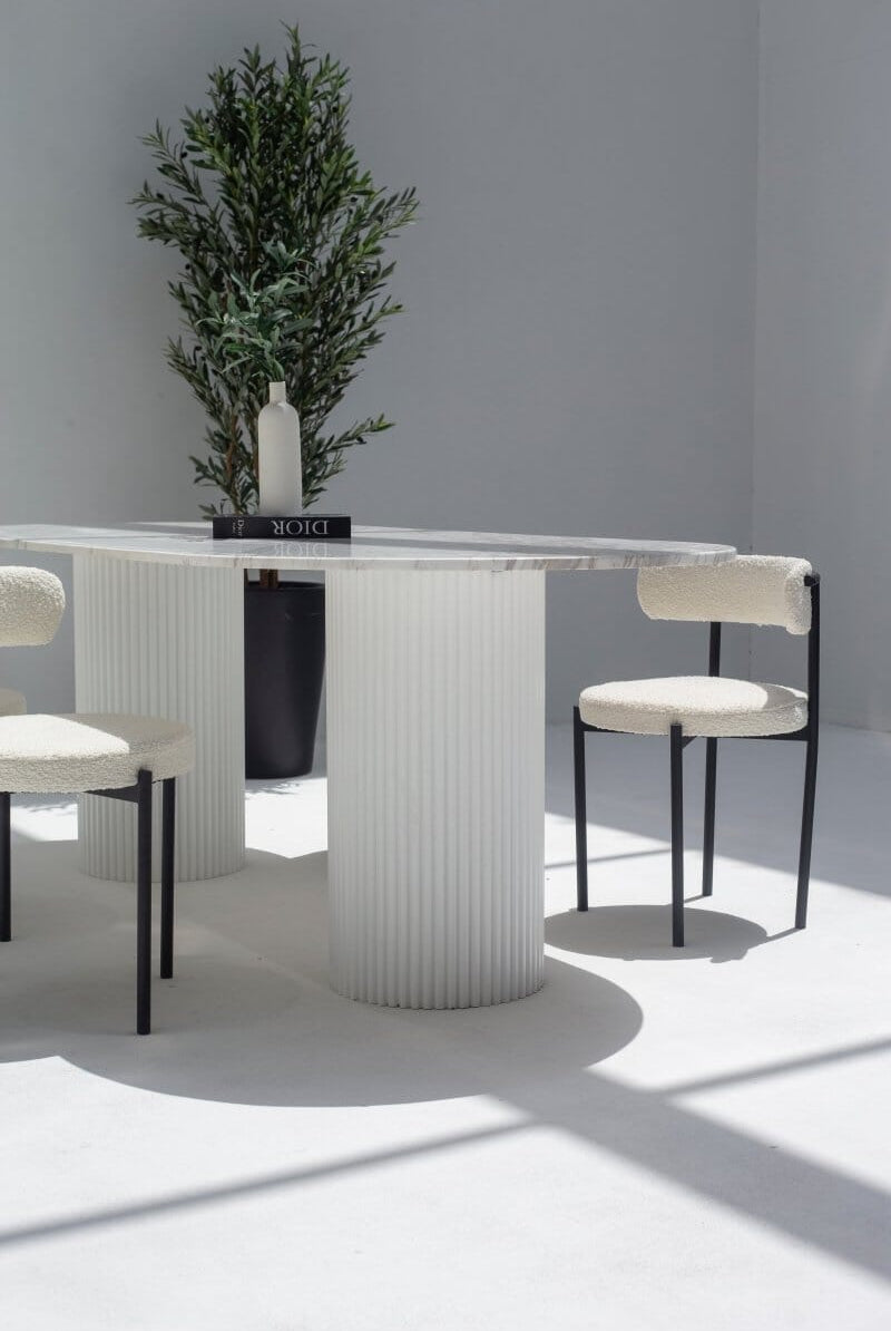 Ayla Greek Calacatta Marble Oval Dining Table With White Base