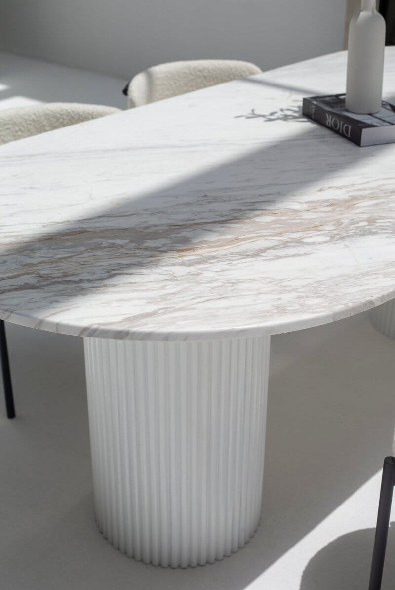Ayla Greek Calacatta Marble Oval Dining Table With White Base
