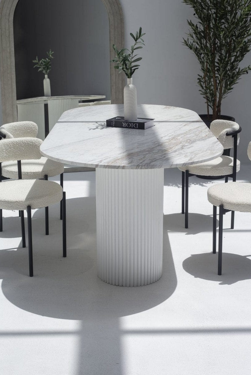 Ayla Greek Calacatta Marble Oval Dining Table With White Base