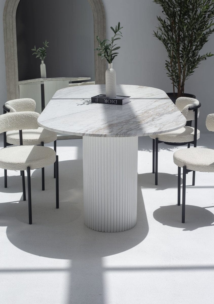 Ayla Greek Calacatta Marble Oval Dining Table With White Base