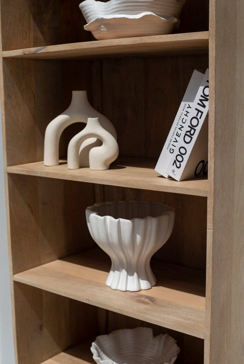 Rattan Mango Wood Bookcase/Shelves with Black Base