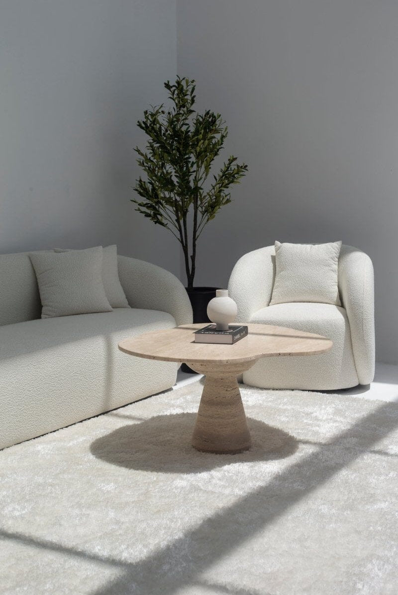 Roma Irregular Travertine Coffee Table with Travertine Base (2 Sizes) 90CM Length x 95CM Width x 42CM Height Base Orientation 2
