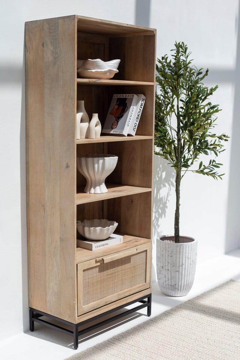Rattan Mango Wood Bookcase/Shelves with Black Base