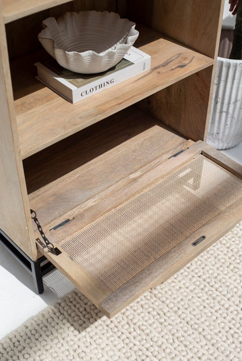 Rattan Mango Wood Bookcase/Shelves with Black Base