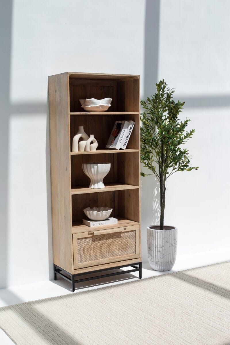 Rattan Mango Wood Bookcase/Shelves with Black Base