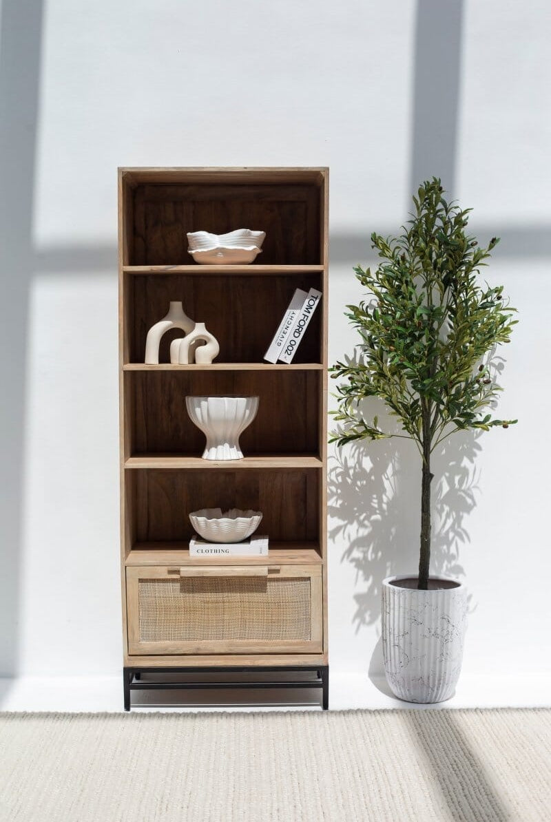 Rattan Mango Wood Bookcase/Shelves with Black Base