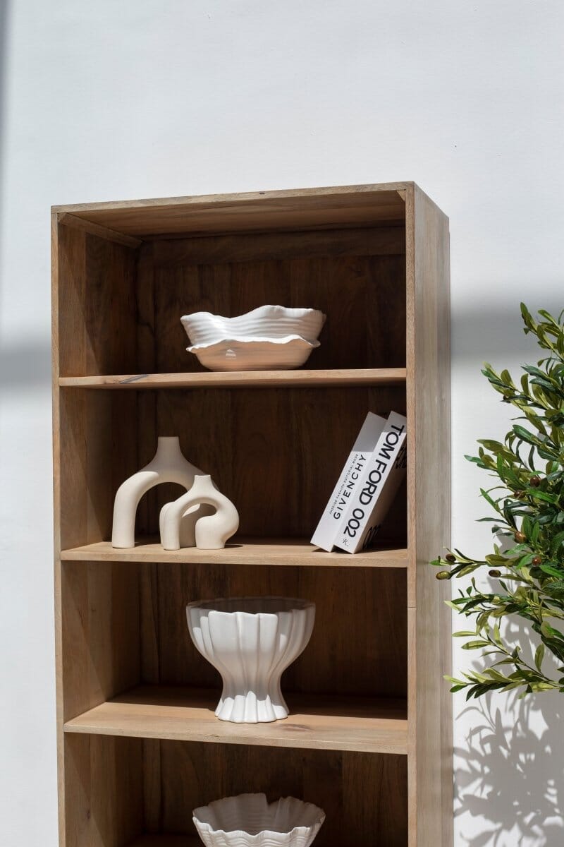 Rattan Mango Wood Bookcase/Shelves with Black Base