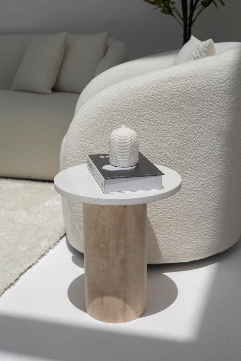 Harriet White Quartz Side Table with Travertine Base