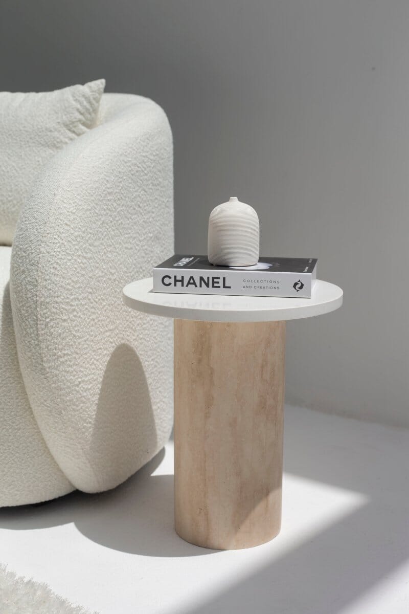 Harriet White Quz Side Table with Travertine Base