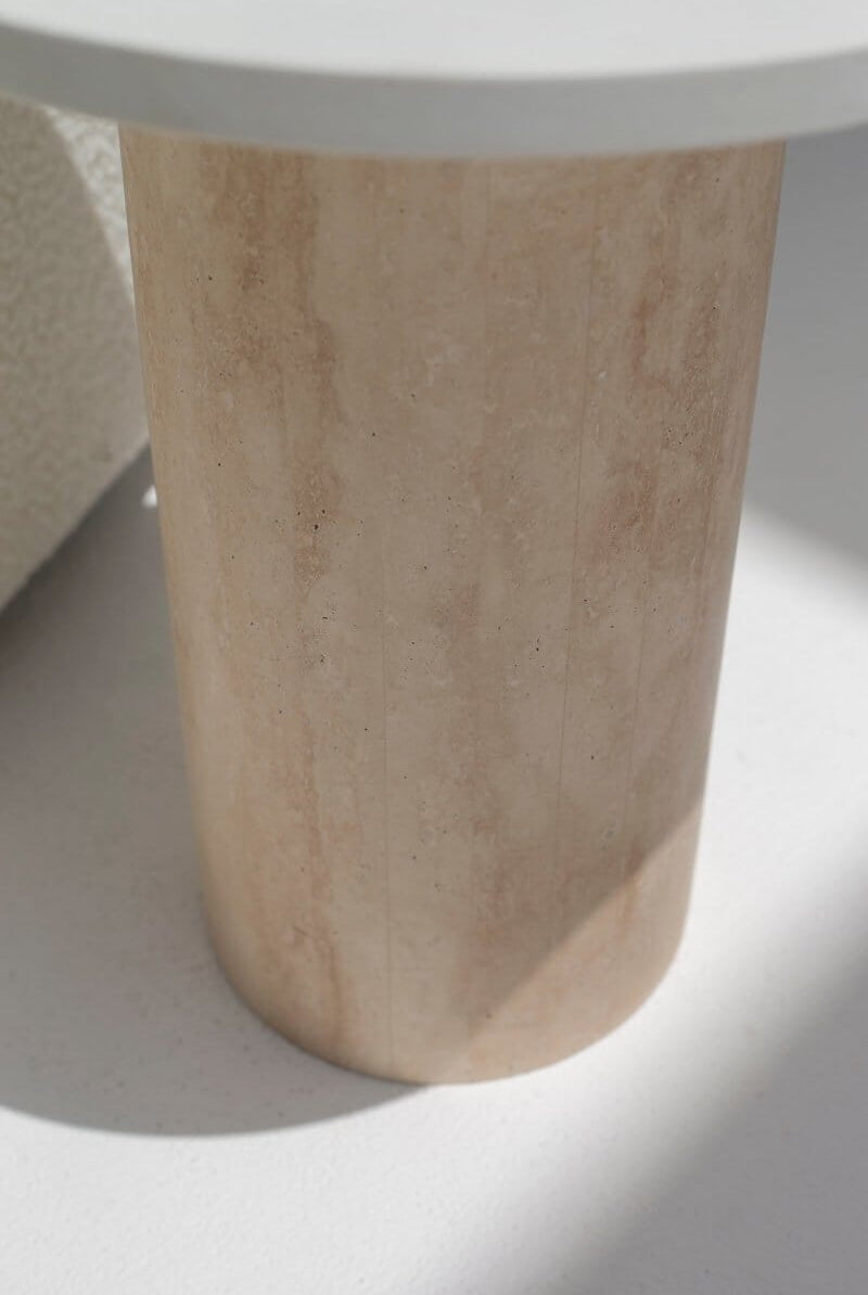 Harriet White Quz Side Table with Travertine Base