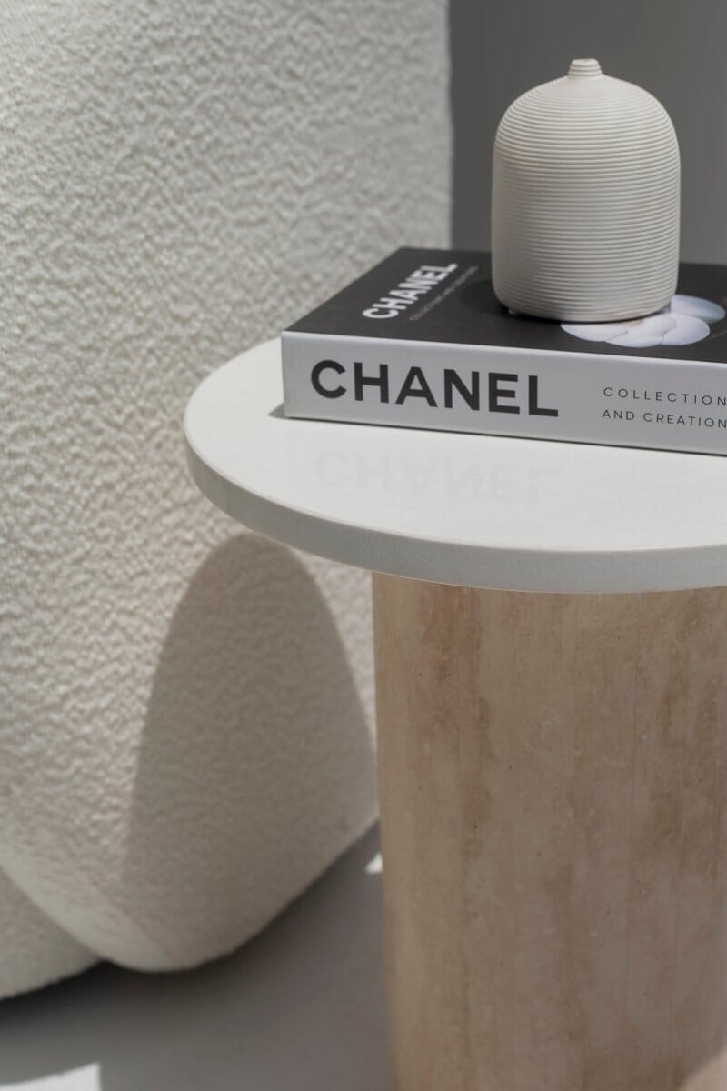 Harriet White Quz Side Table with Travertine Base