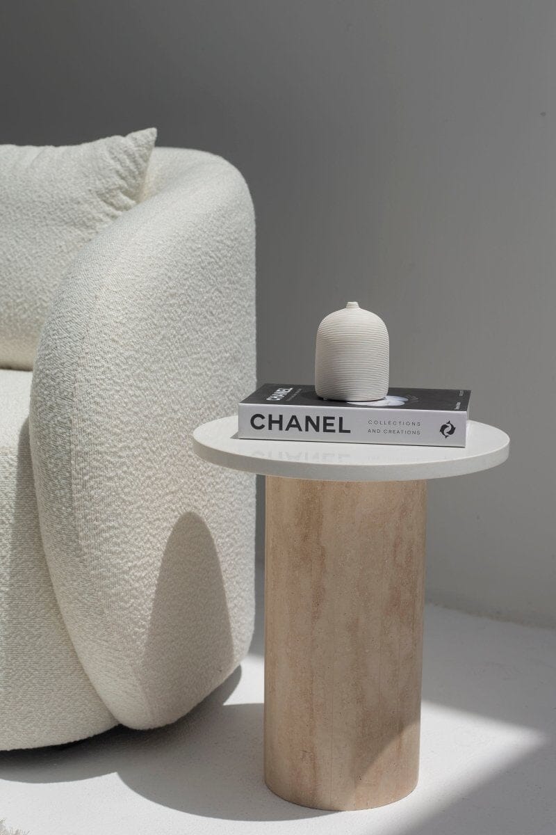 Harriet White Quz Side Table with Travertine Base